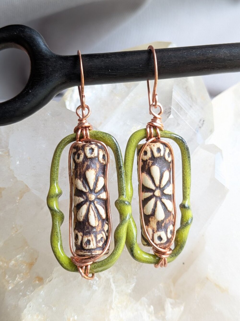 Earthy Woodland Floral Earrings with Enameled Copper Hoops - Picture 8 of 10